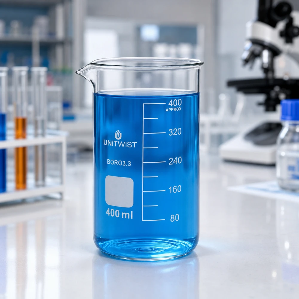 Kádinka 400 ml borosilikátová, vysoká forma UNiTWIST Laborbedarf Becherglas hohe Form 400ml Borosilikatglas 3.3 mit Mikroskop im Hintergrund