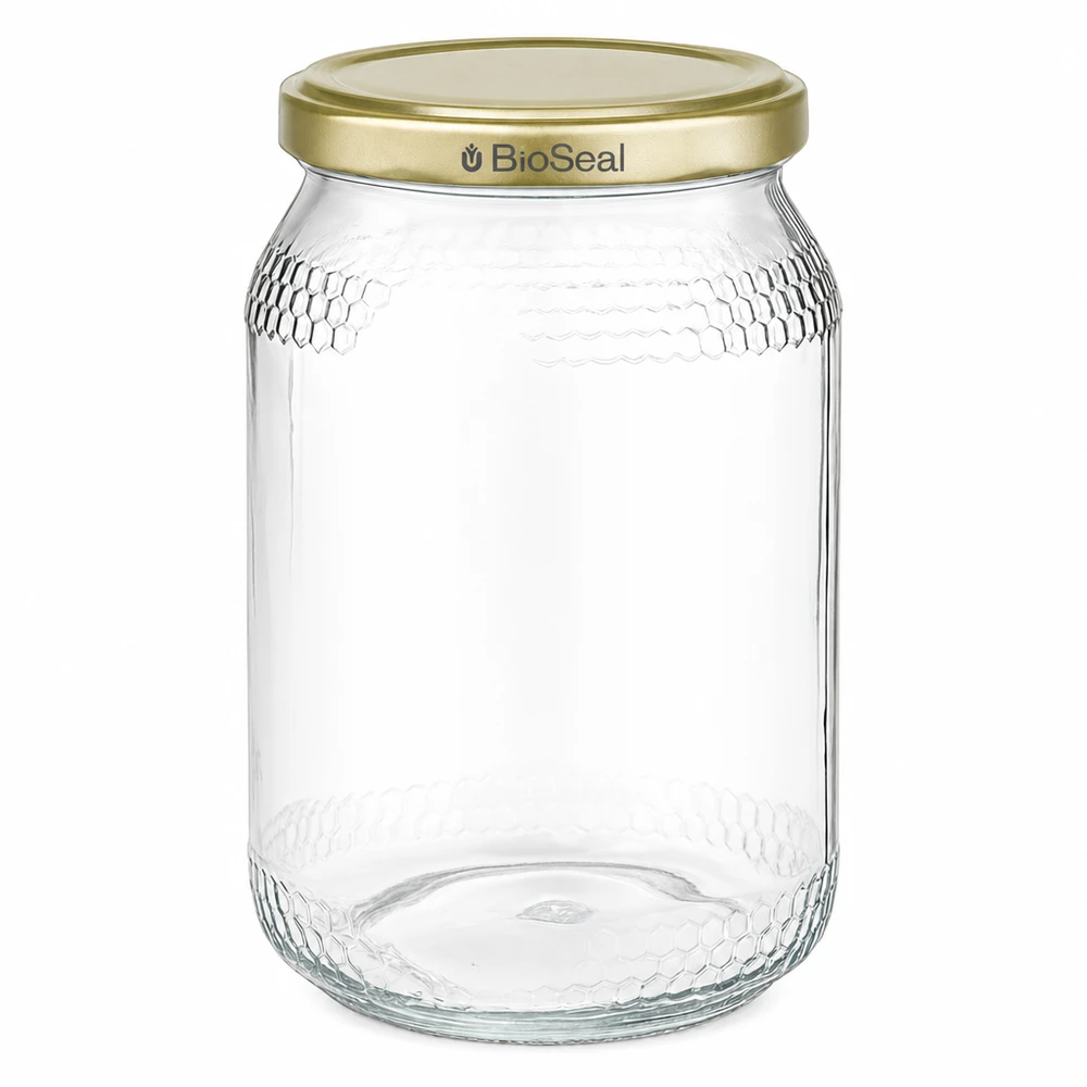 900ml Honigglas mit goldenem BioSeal UNiTWIST Deckel leer transparent Imkerei Honigverpackung