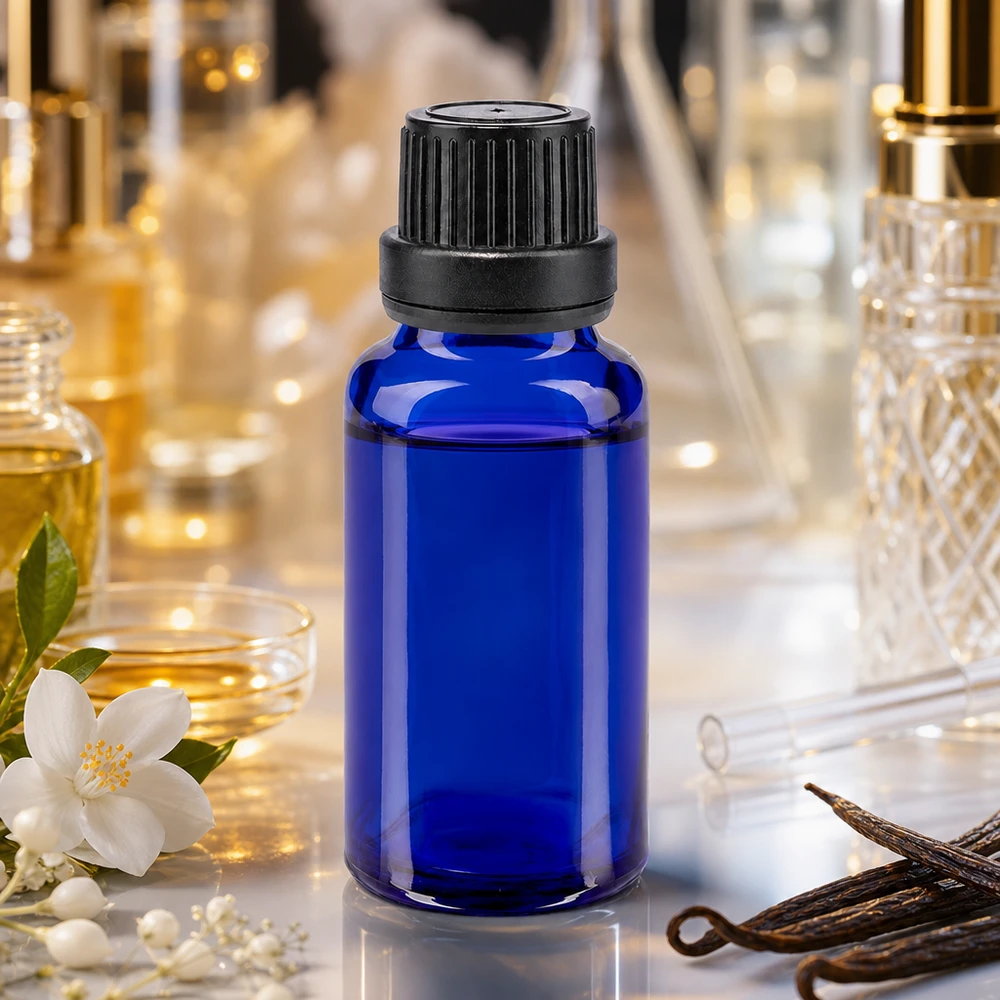 20ml Rundflasche Apothekerglas kobaltblau mit schwarzem Sicherheitsverschluss Parfümerie