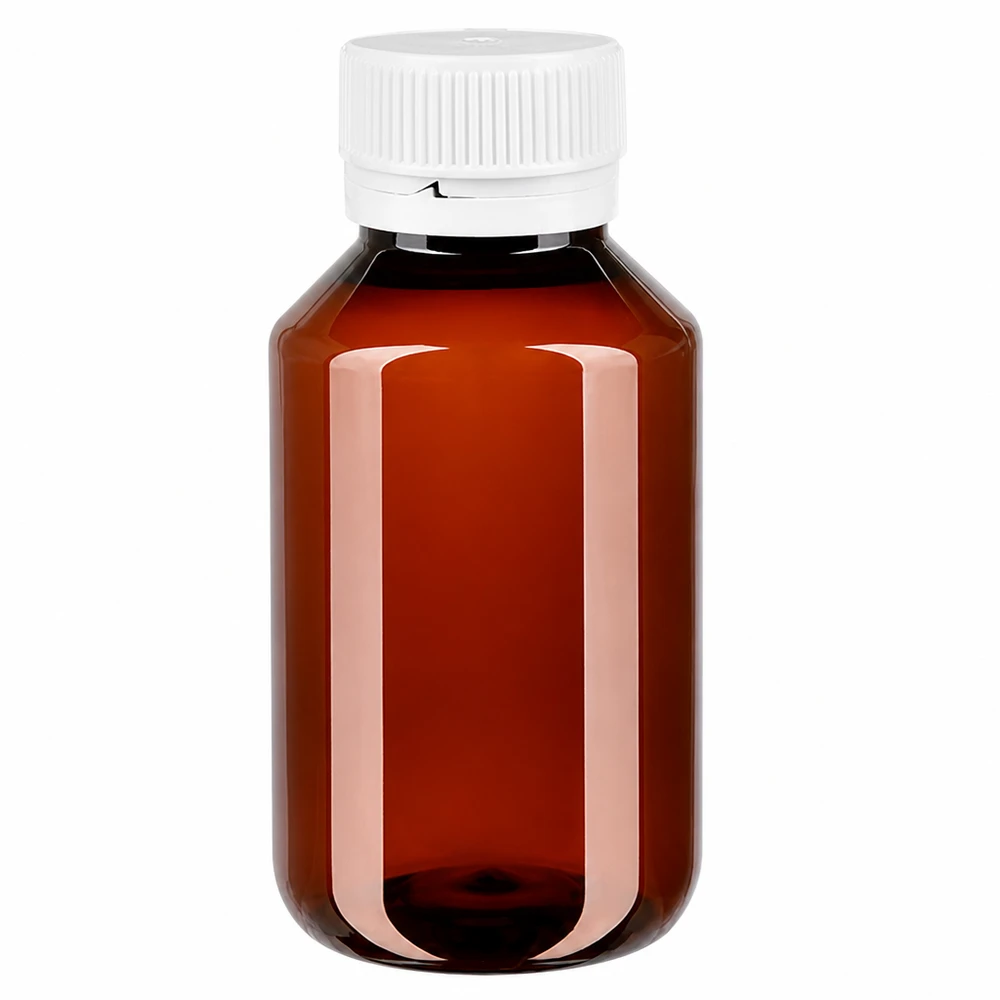 Hnědá PET láhev o objemu 50 ml s bílým rýhovaným plastovým uzávěrem zajišťujícím neporušenost