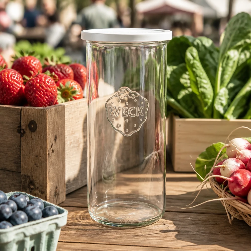 1500ml tumblery s čerstvým víčkem WECK RR100 WECK Sturzglas 1500ml RR100 mit Frischedeckel zwischen frischem Gemüse und Obst auf Holztisch im Markt-Ambiente