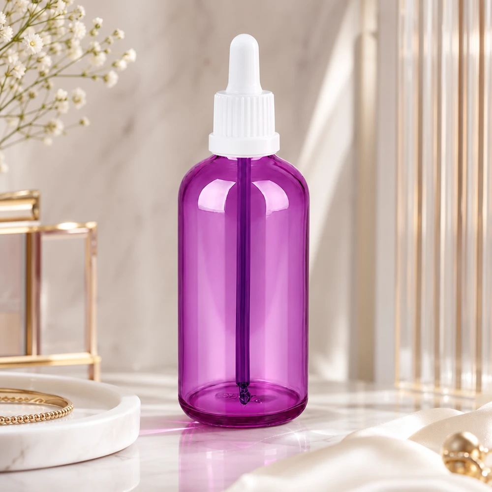 100ml pipetovací láhev bílá Originality šroubovací uzávěr PurpleLine UT18/100 Premium 100ml Dropper Bottle in trendiger Purple Optik mit auslaufsicherem weißem Verschluss