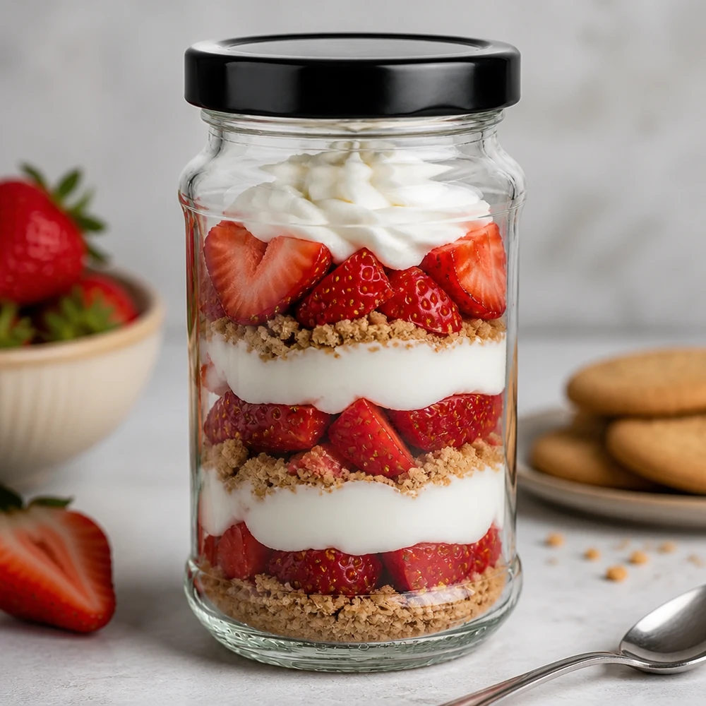 390ml kulatá sklenice + víčko BasicSeal černé hluboké UT 390ml Rundglas mit schwarzem BasicSeal Deckel als Dessertglas für Erdbeertrifle - perfekt für süße Leckereien