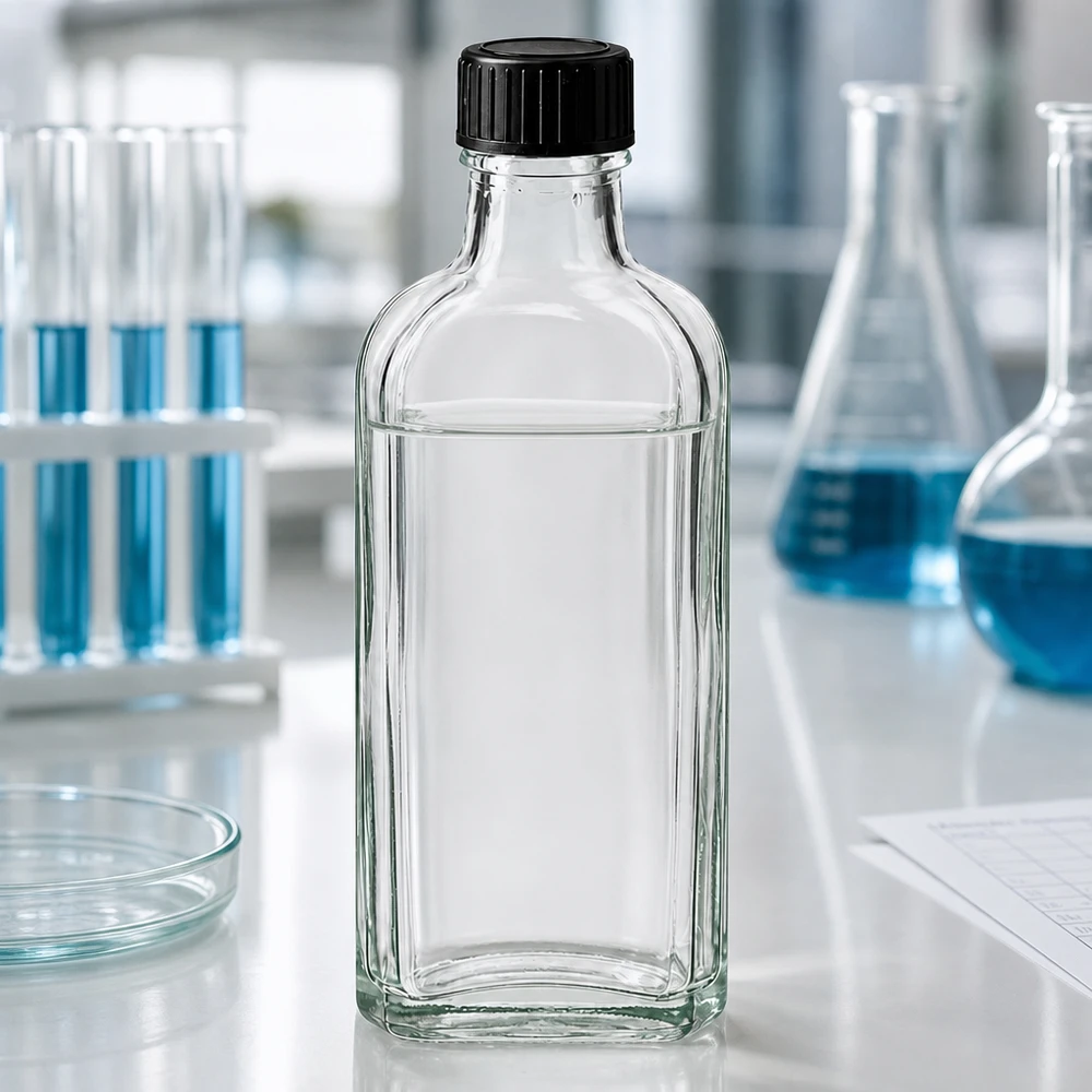 Kleine Klarglasflasche 100ml Meplat flach mit LKD-Dichtscheibe für pharmazeutische Anwendungen