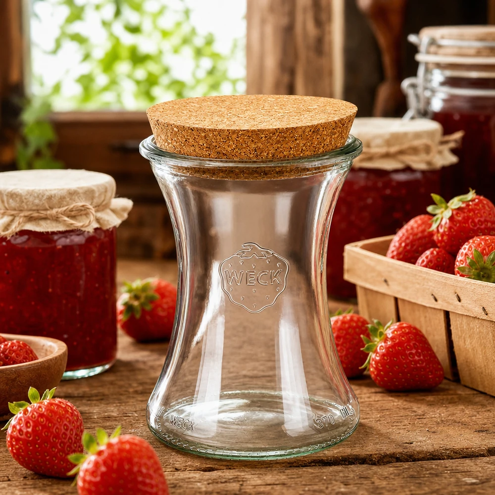 370ml lahůdková dóza WECK RR80 s korkovou zátkou přírodní WECK Vorratsglas 370ml RR80 Lifestyle-Szene mit Erdbeeren und Marmeladengläsern auf Holztisch in Küche