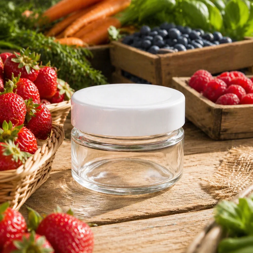 80ml kulatá sklenice s víčkem BasicSeal bílá hluboká UNiTWIST 80ml Rundglas mit weißem Deckel zwischen frischen Beeren - stilvolle Glasdose für natürliche Kosmetik und Cremes