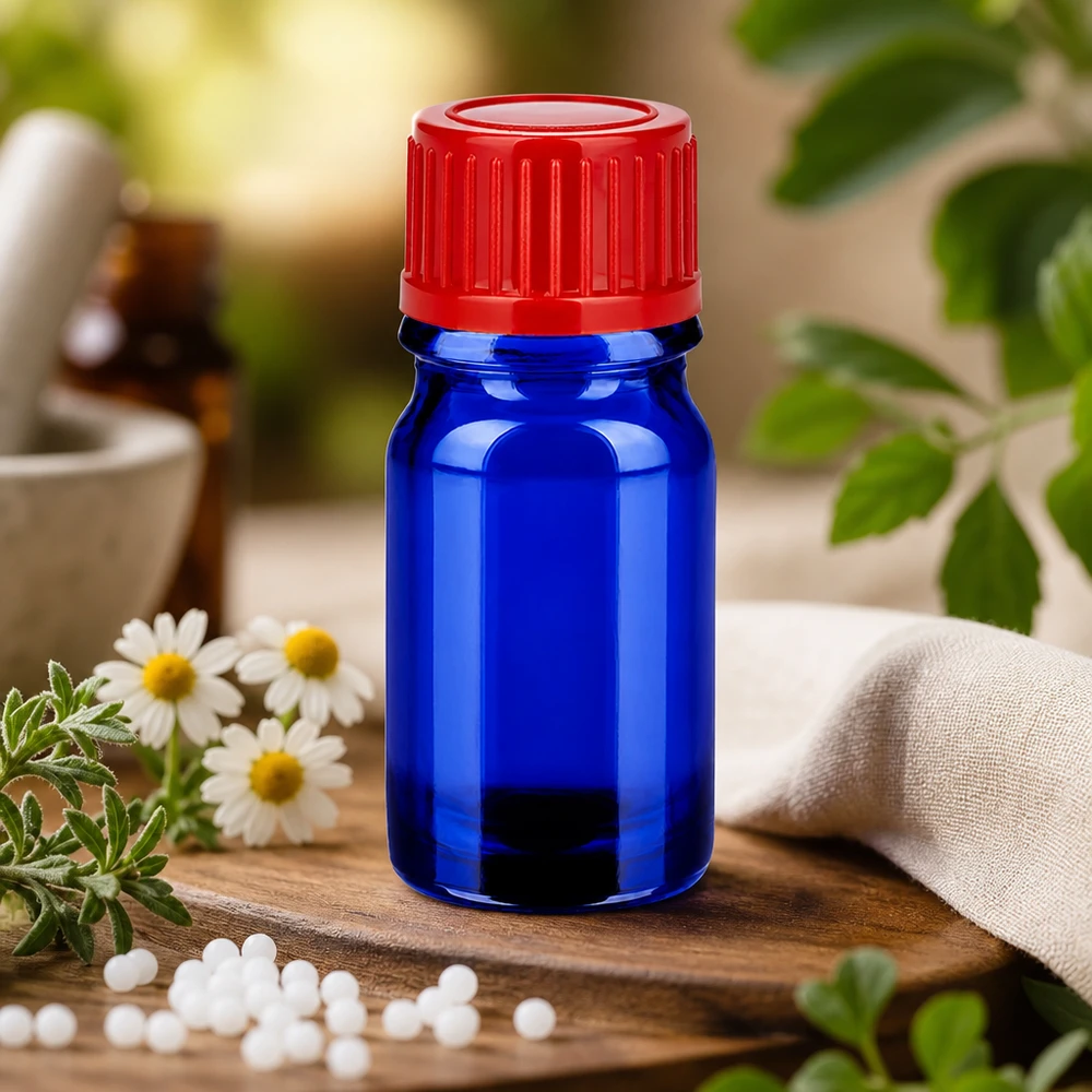 5ml láhev 11mm šroubovací uzávěr červená Standard BlueLine UT18/5 Ergonomische 5ml Glasflasche mit griffigem roten 11mm Schraubverschluss für einfache Handhabung