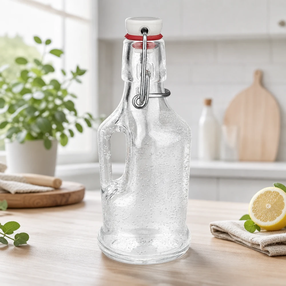 Leere 200ml Glasflasche Bertha mit Wassertropfen und weißem Porzellan Bügelverschluss auf Küchenarbeitsplatte UNiTW