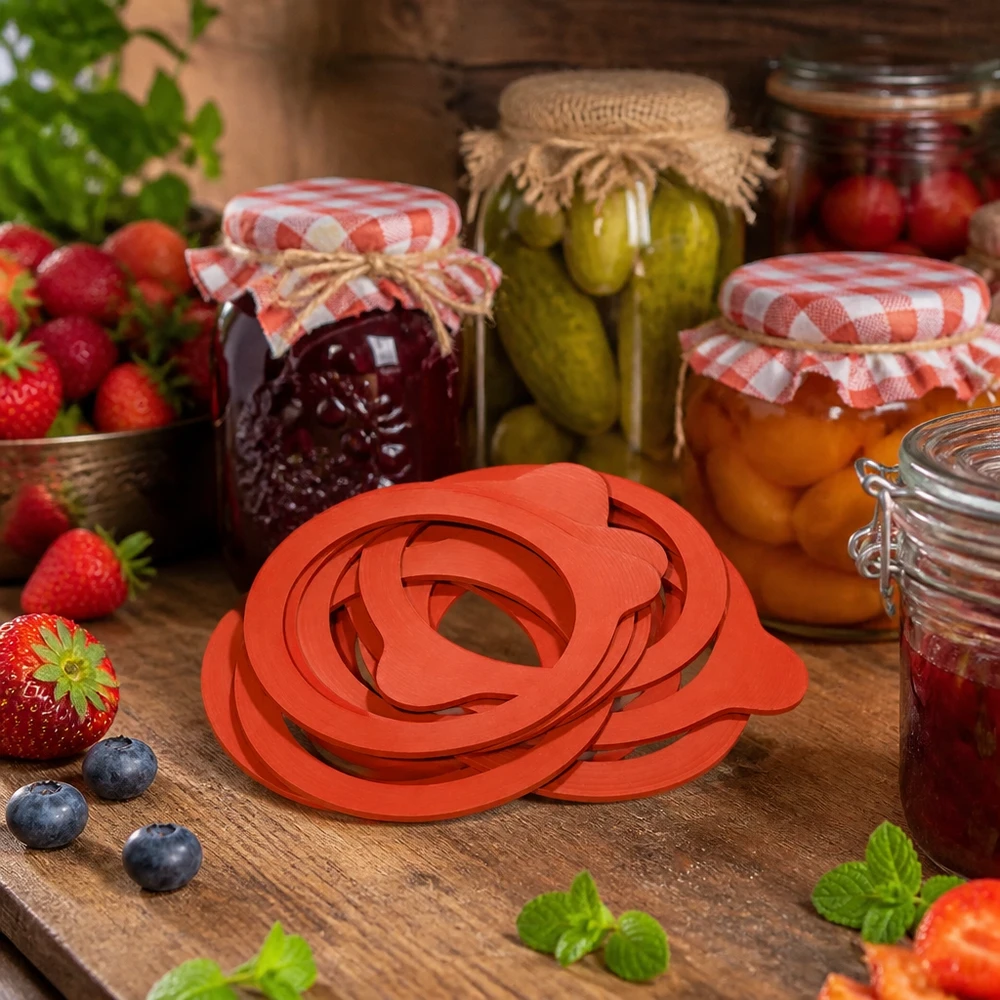 Konzervační kroužek z přírodního kaučuku RR80 Einkochring RR80 Naturgummi rot gestapelt auf Holzbrett mit Einmachgläsern Beeren Pickles Marmelade Konserven