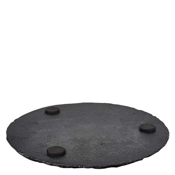 Břidlicový servírovací talíř kulatý Ø150mm Schieferplatte rund 15cm mit drei schwarzen Gummifüßen für rutschfesten Stand auf weißem Hintergrund