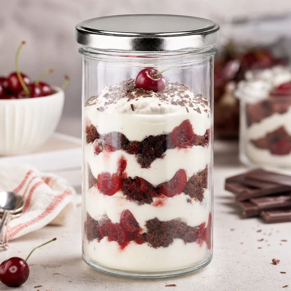 277ml kelímky s víčkem BasicSeal stříbrné UNiTWIST 277ml Sturzglas mit silbernem BasicSeal Deckel gefüllt mit Schichtdessert Kirsch-Schokolade perfekt für Desserts