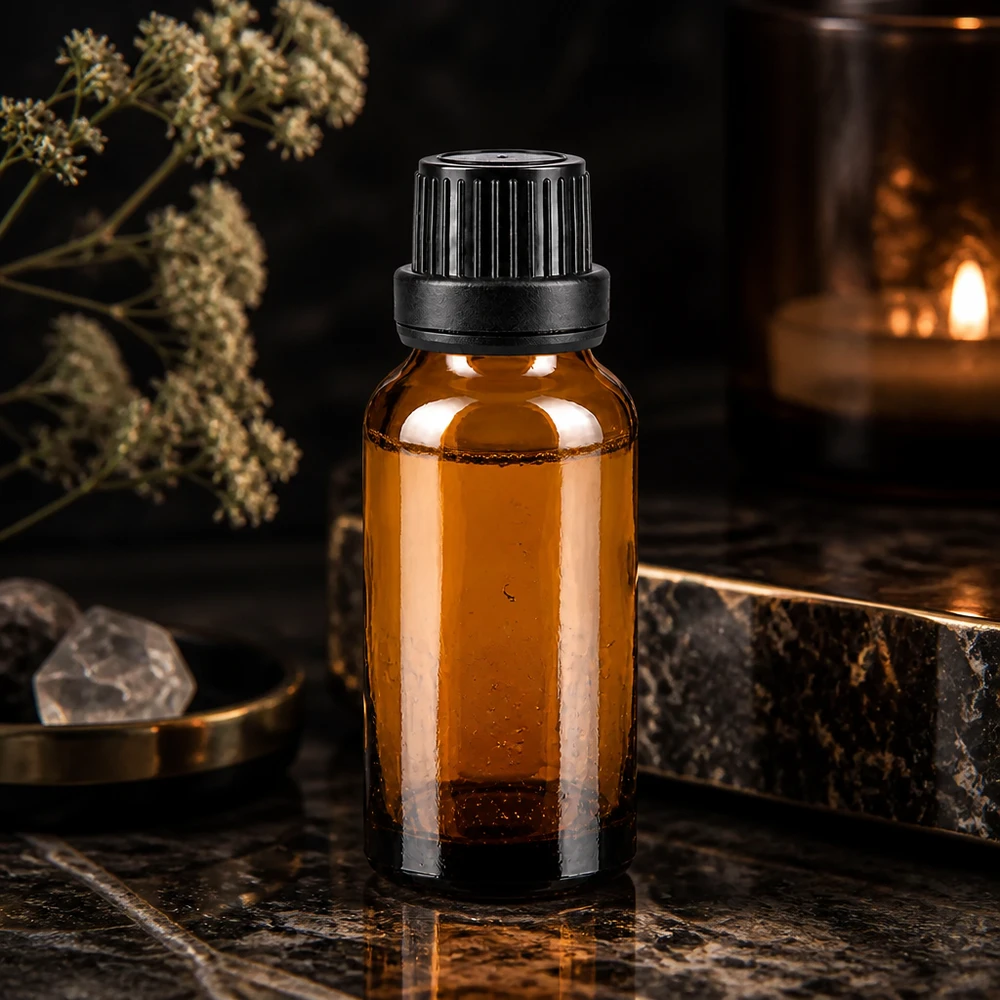 Lékárenská láhev hnědá 20ml kapací uzávěr nalévací kroužek 2mm černý tamper evidentní uzávěr. Dunkle 20ml Glasflasche mit schwarzem Dosiertropfer aus hochwertigem Apothekerglas