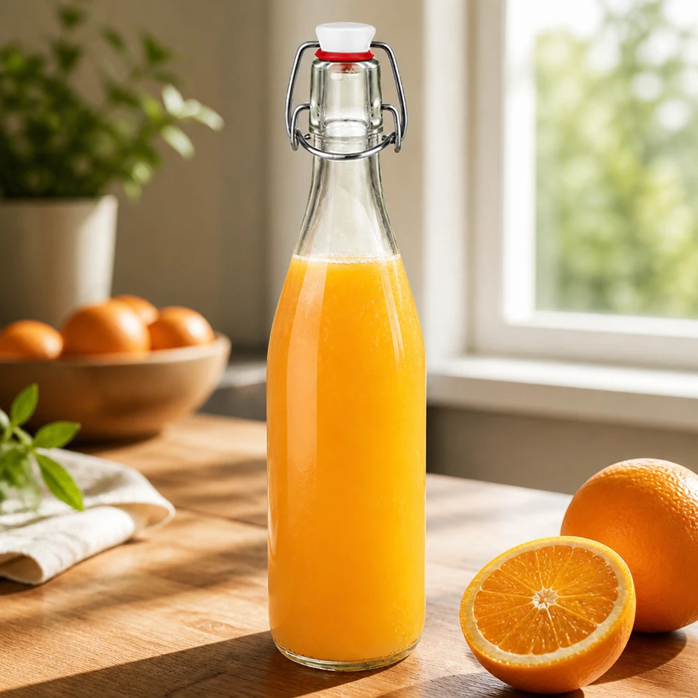 Skleněná láhev 500ml + otočný vršek z porcelánu UNiTWIST - zde. Glasflasche 500ml Bügelverschluss mit Orangensaft gefüllt auf Holzbrett neben frischen Orangen in Küche