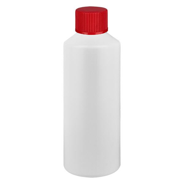 Lékárenská láhev HDPE 100ml bílá, s červeným šroubovacím uzávěrem Lékárenská láhev HDPE 100ml bílá, s červeným šroubovacím uzávěrem
