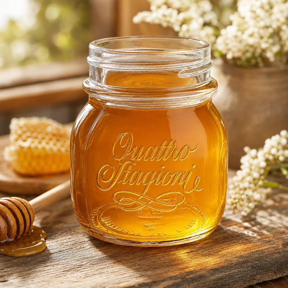 150ml kulatá sklenice "Quattro Stagioni" QS56mm 150ml Quattro Stagioni Haushaltsglas mit Honig gefüllt auf rustikalem Holztisch mit Bienenwaben und Blumen