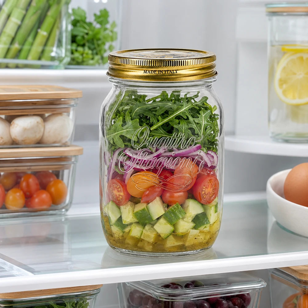 1000ml kulatá skleněná "Quattro Stagioni" s víčkem Quattro Stagioni 1000ml Einmachglas mit Schichtsalat Gemüse Arugula im Kühlschrank italienisches Konservenglas