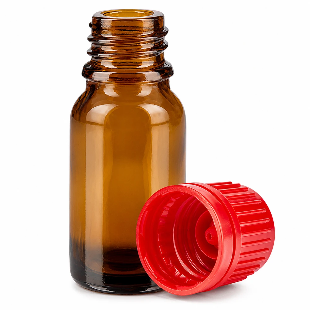 10ml lahvička 11mm šroubovací uzávěr červený tamper evidentní uzávěr BrownLine UT18/10 Pharmazieflasche 10ml dunkelbraun mit rotem Schraubverschluss für sichere Aufbewahrung