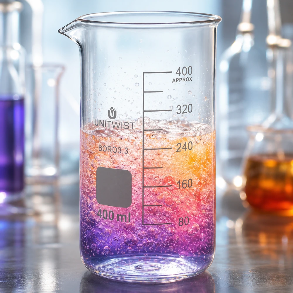 Kádinka 400 ml borosilikátová, vysoká forma UNiTWIST Hochwertiges Becherglas hohe Form 400ml Borosilikatglas UNITWIST mit sprudelndem Farbindikator