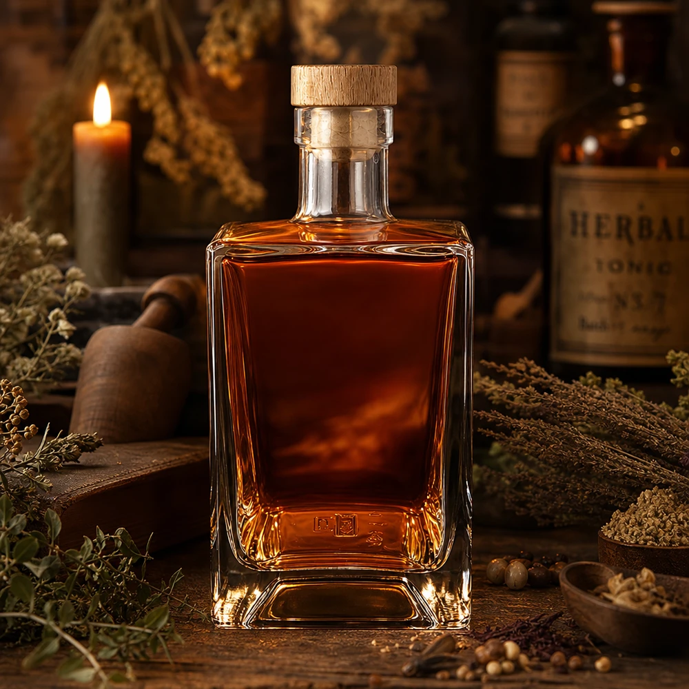 700ml Glasflasche Ben mit Whisky gefüllt rustikale Kräuter Kerze Ambiente braune Spirituose Holzkorken UNiTWIST