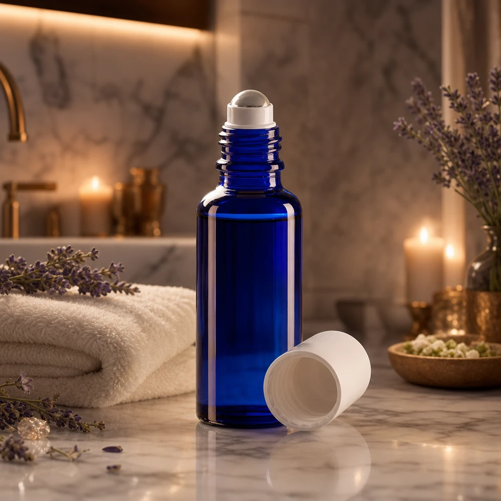 Lékárenská lahvička modrá 30ml roll-on s uzávěrem bílá Professionelle 30ml Rollflasche blau aus Apothekerglas für Parfum und Pflegeöle