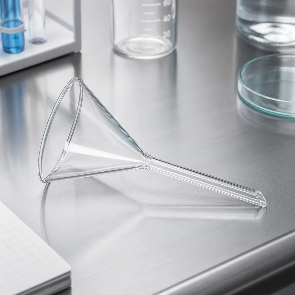 Nálevka ø100mm sodnovápenatá, úhel 60°, krátká. Wissenschaftlicher Trichter aus Kalk-Soda-Glas mit 10cm Öffnung für Laborexperimente