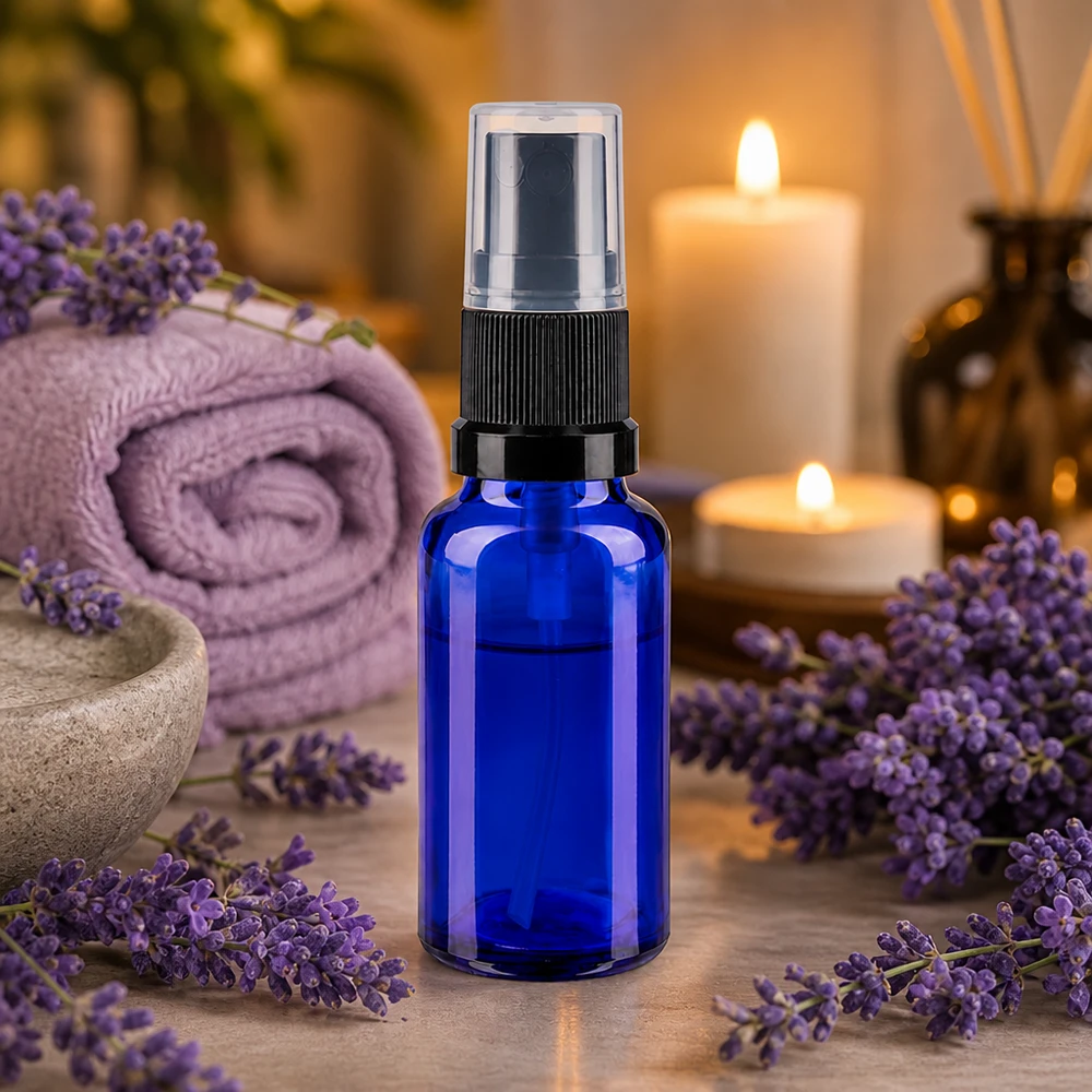 Blaue Borosilikat-Sprühflasche 20ml mit schwarzem Standardverschluss für Raumsprays geeignet