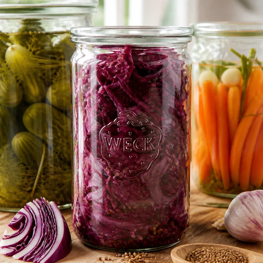 1590ml válcová sklenice se skleněným víčkem WECK RR100 WECK Einmachglas 1590ml RR100 mit fermentiertem Rotkohl neben eingelegten Gurken Karotten auf Holzbrett