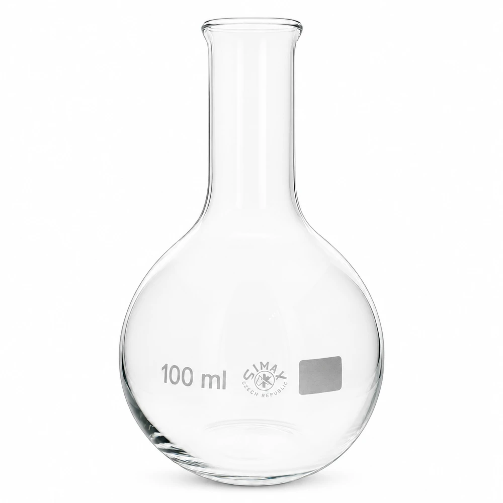 Stojatá baňka 100 ml s úzkým hrdlem Rundbodenkolben 100ml transparent mit schlankem Hals für professionelle Analytik