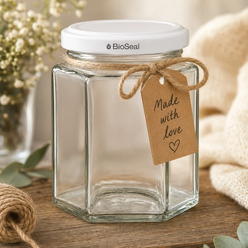 Sklenice Hexa o objemu 196 ml s bílým víčkem BioSeal UNiTWIST Sklenice Hexa o objemu 196 ml s bílým víčkem BioSeal UNiTWIST