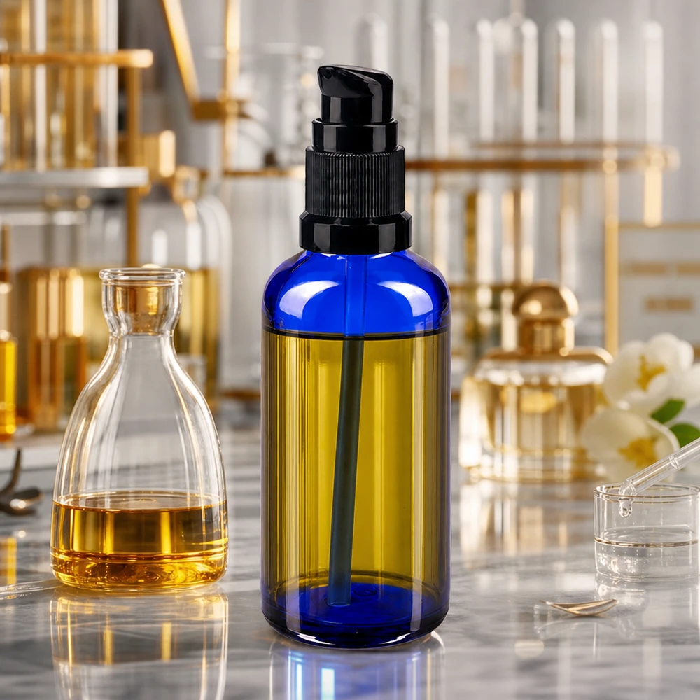 Kompakte blaue Apothekerflasche 50ml aus Spezialglas mit präzisem schwarzem Pumpmechanismus