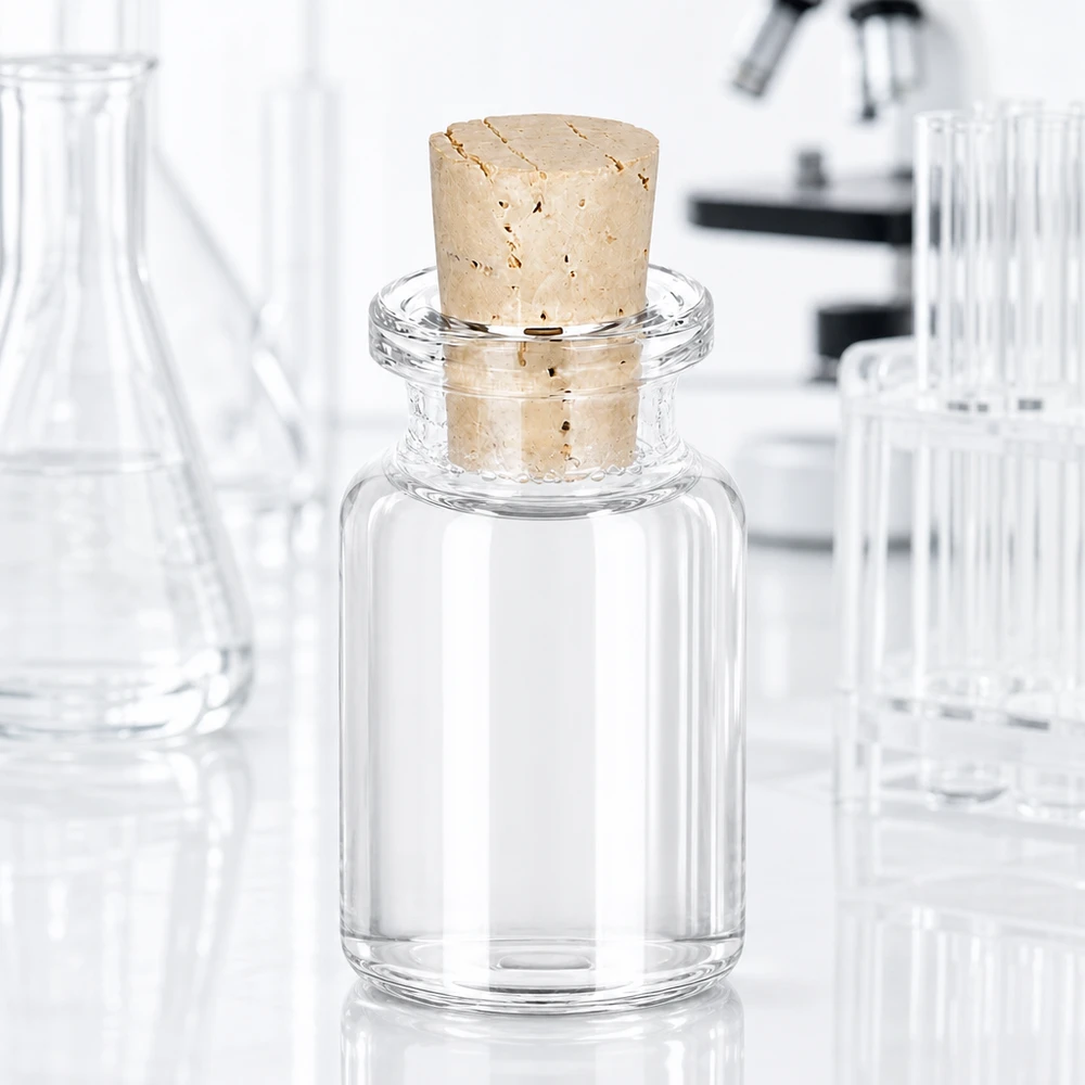 Láhev z bezbarvého skla 10ml se zátkou 11/14mm. Medizinflasche 10ml Klarglas mit eingestecktem Naturkork vor Laborausstattung