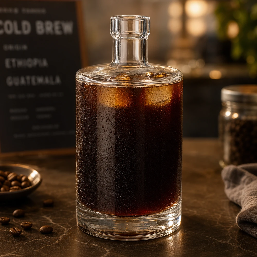 500ml Glasflasche Marie gefüllt mit Cold Brew Kaffee zeigt Eignung für Kaltgetränke und Café-Atmosphäre