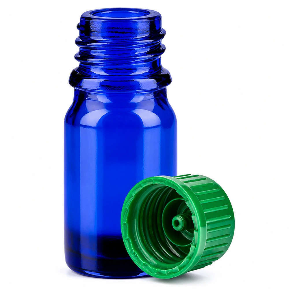 5ml lahvička 11mm šroubovací uzávěr zelená Standard BlueLine UT18/5 Pharmaqualität 5ml Flasche 11mm SV grün STD BlueLine UT18/5 für Medikamente
