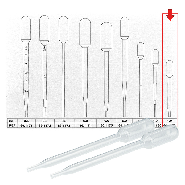 Přenosová pipeta o objemu 1 ml (87x10 mm) bez stupnice. Přenosová pipeta o objemu 1 ml (87x10 mm) bez stupnice.