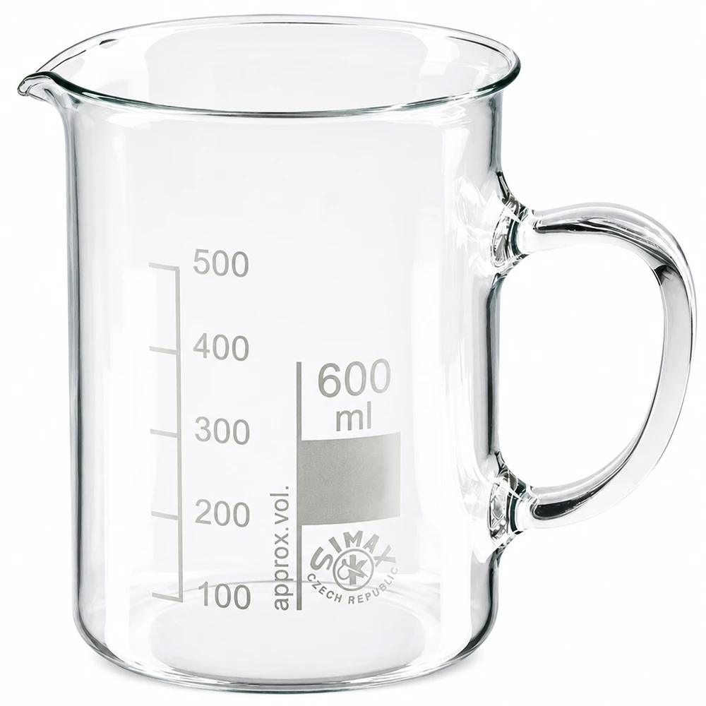 Kádinka z borosilikátového skla 600 ml, s rukojetí SIMAX Becherglas 600ml Borosilikatglas mit Henkel Messskala und Ausguss