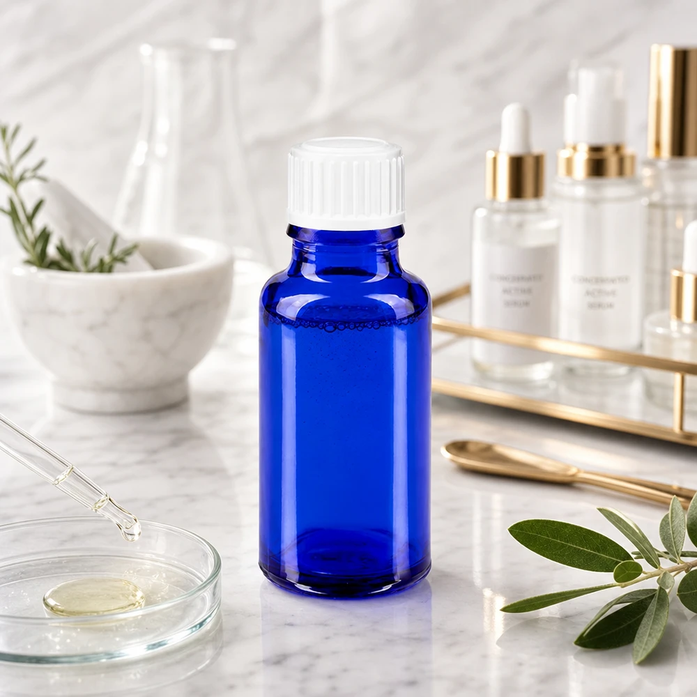 Lékárenská láhev modrá 20ml šroubovací uzávěr bílý standardní Professionelle 20ml Abfüllflasche aus blauem Glas mit weißem Schraubverschluss im Laborstyle