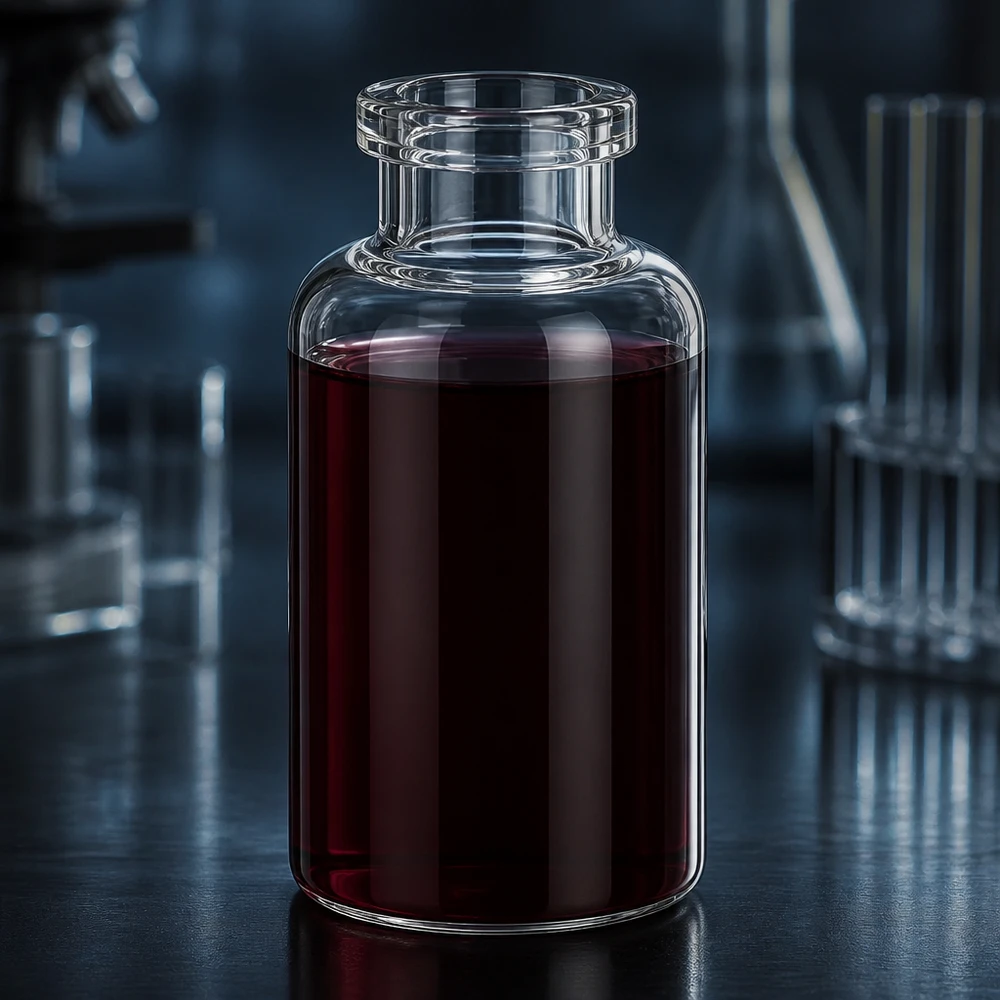 Injekční láhev z čirého skla 30ml Medizinische Klarglasflasche 30ml fast vollständig befüllt mit dunkelroter Injektionslösung
