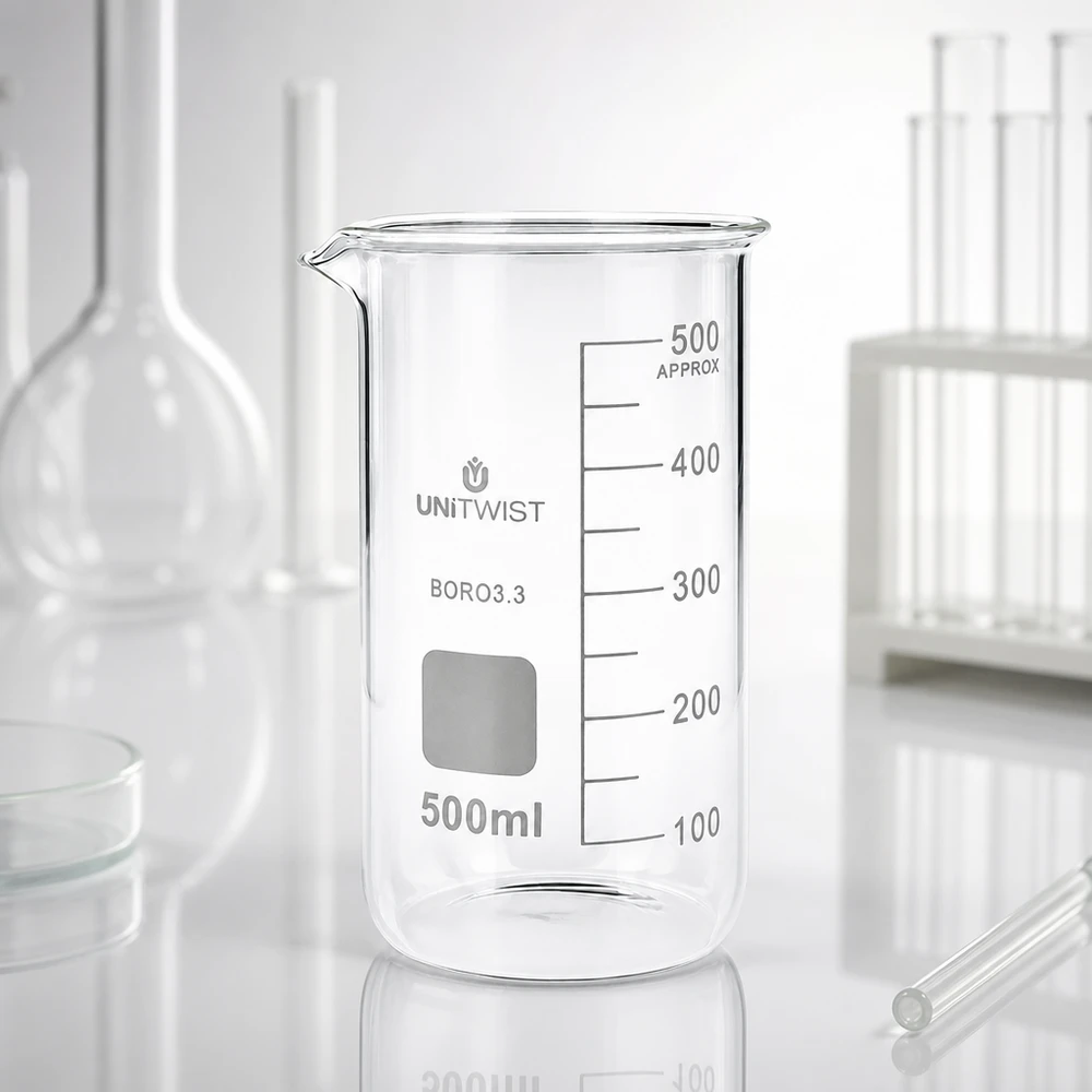 Kádinka 500 ml borosilikátová, vysoká forma UNiTWIST UNITWIST Becherglas 500ml hohe Form mit verstärktem Rand und Ausguss zwischen Laborgeräten
