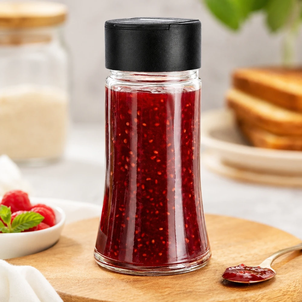 Dóza na sůl/koření 95 ml s dvojitým šejkrem černá Vielseitiges Glas 95ml für Marmelade und Gewürze mit Doppelstreuer für Küche und Frühstück