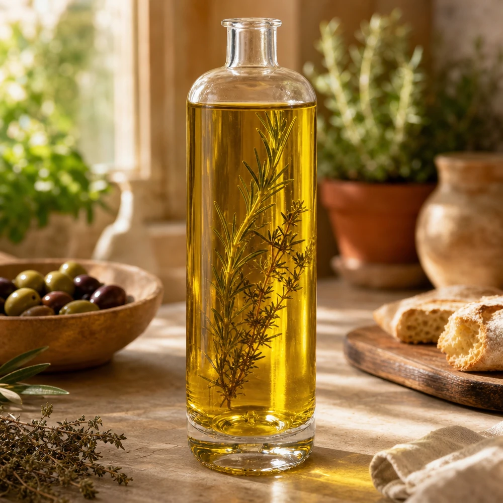 700ml Glasflasche "Eleganz" ohne Verschluss UNiTWIST® 700ml Glasflasche Ella mit Kräuteröl befüllt auf Holztisch zwischen Oliven Brot und mediterraner Küchendeko