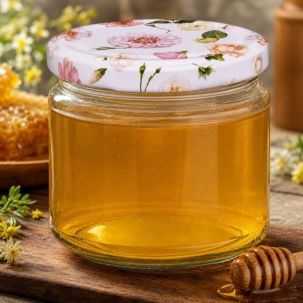 330ml kulatá sklenice + víčko BasicSeal flower pink UNiTWIST 330ml Rundglas mit rosa Blütenmuster gefüllt mit goldenem Honig neben Honiglöffel und Bienenwabe rustikale Küche