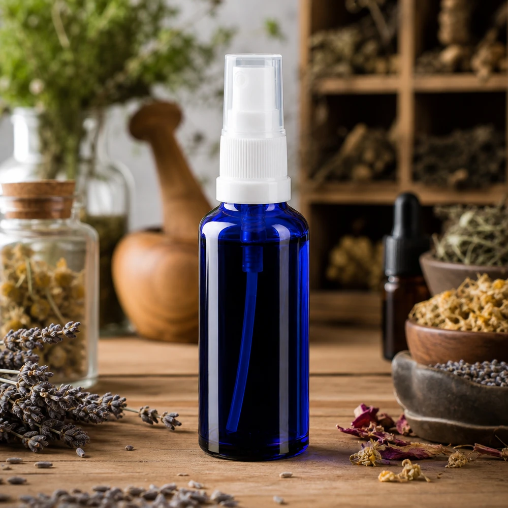 Lékárenská lahvička modrá 10ml stříkací nástavec černý Kompakte blaue Sprühflasche aus Apothekerglas mit schwarzem Steigrohr für Aromatherapie