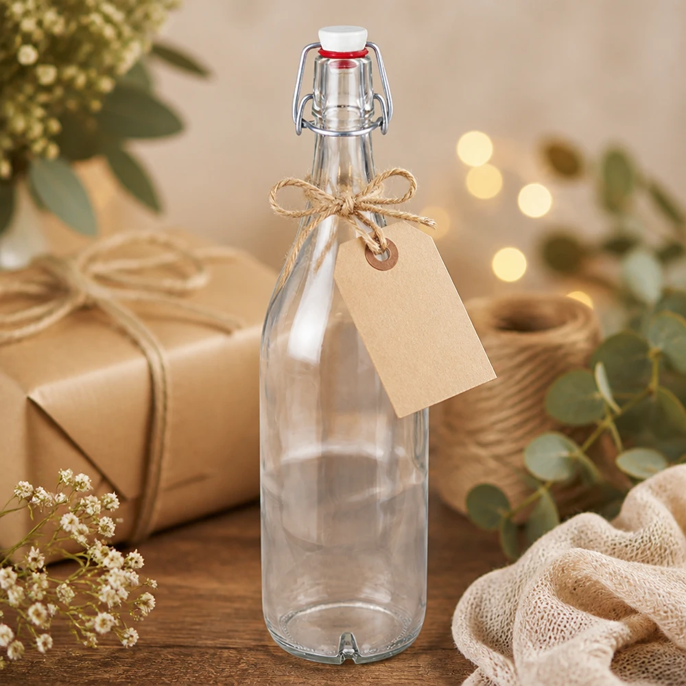 Skleněná láhev o objemu 1000 ml + otočný porcelánový vršek UNiTWIST 1000ml Glasflasche mit Bügelverschluss Porzellan als Geschenk mit Anhänger und natürlicher Deko Arrangement
