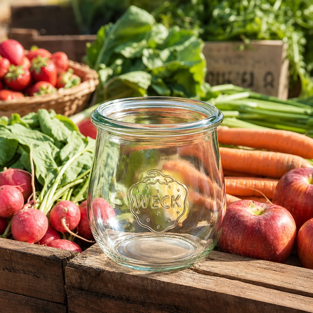 220ml tulipánová sklenice WECK RR60 s dřevěným dřevem WECK Tulpenglas 220ml RR60 leer zwischen frischem Gemüse Obst auf Holzkiste rustikale Küchen-Atmosphäre