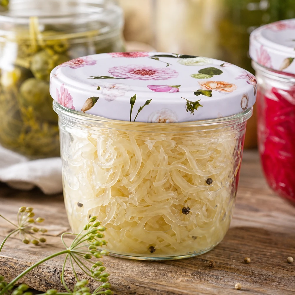 Sauerkraut in 230ml Sturzglas BasicSeal Deckel rosa Blütenmuster fermentierte Lebensmittel Küchendeko rustikal