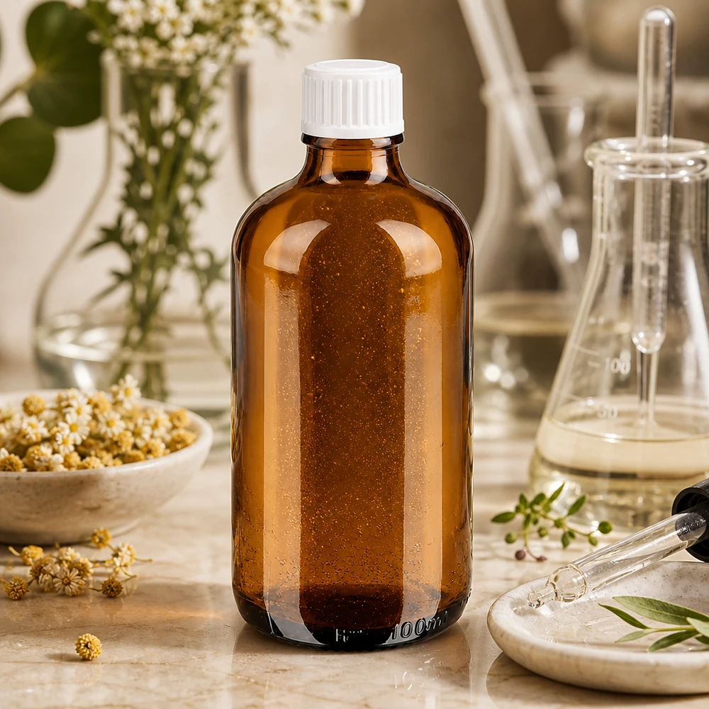 Lékárenská láhev hnědá 100ml šroubovací uzávěr bílá standardní Braune UV-Schutzflasche 100ml Apothekenglas mit weißem Deckel und Kamillenhintergrund