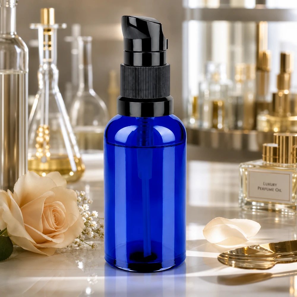 50ml láhev s pumpičkou černá standardní uzávěr BlueLine UT18/50 Premium 50ml Pumpflasche in mattem Blau mit schwarzer Pumpe STD BlueLine UT18/50