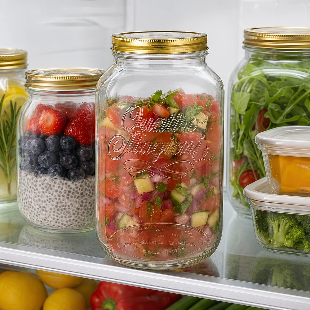 3800ml kulatá sklenice "Quattro Stagioni" s víčkem Quattro Stagioni 3800ml Einmachglas befüllt mit Salsa und Beeren im Kühlschrank Meal Prep Vorratshaltung