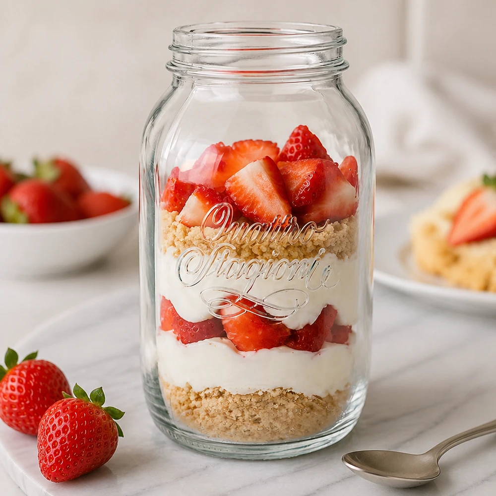1500ml kulatá zavařovací sklenice "Quattro Stagioni" QS86mm Quattro Stagioni 1500ml Einmachglas mit Schichtdessert aus Erdbeeren und Creme - perfekt für Meal Prep und Aufbewahrung