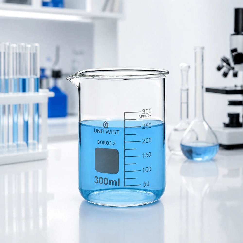 UNiTWIST Laborbecherglas 300ml aus Borosilikat mit 50ml Einteilung und Ausgießer